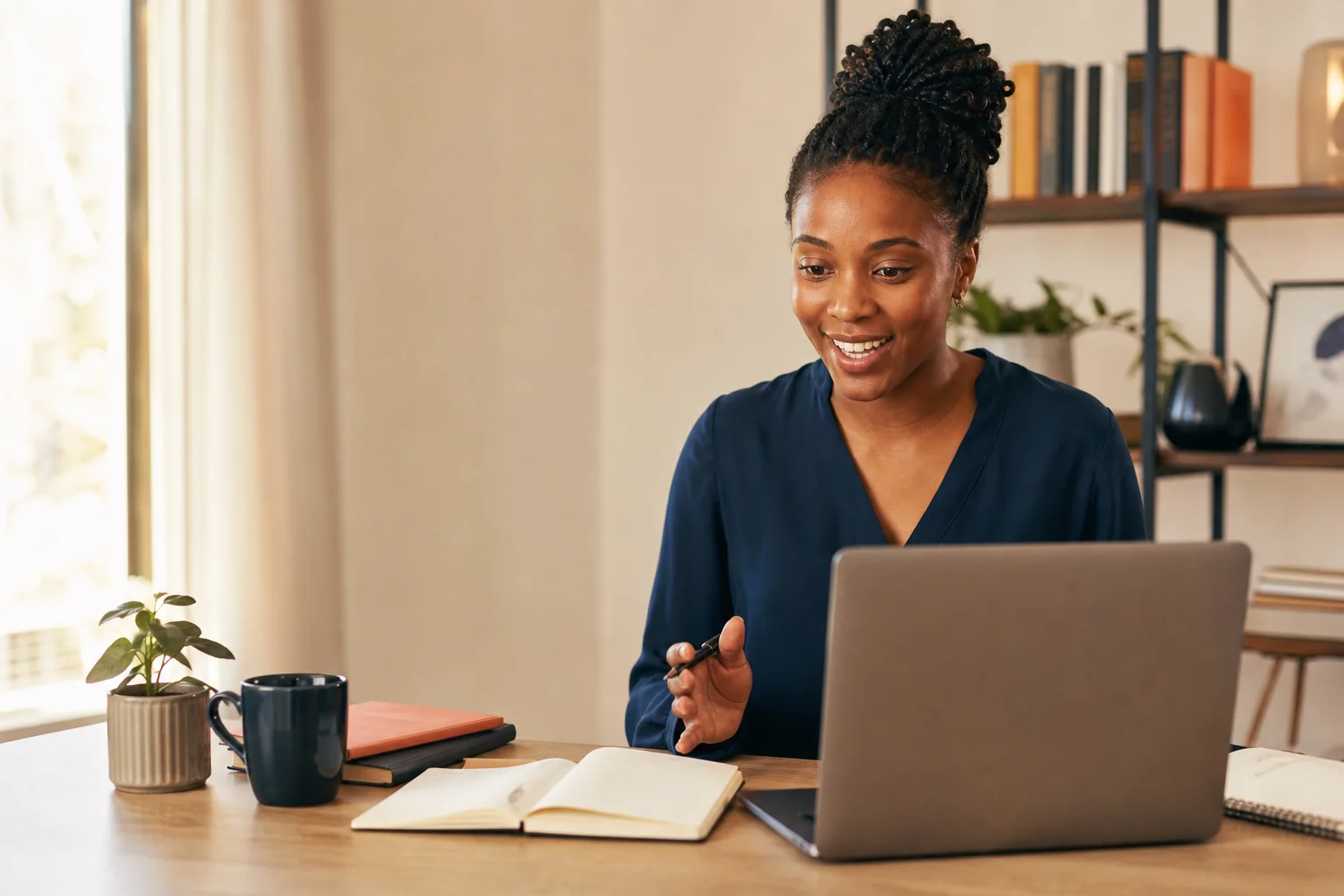 Professional online tutor teaching from a modern home workspace